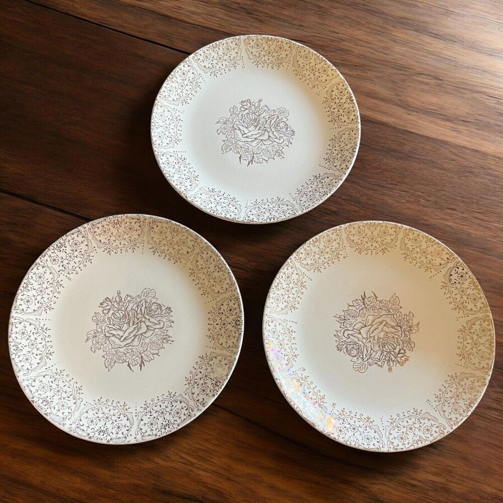 Vintage Golden Heirloom Rose Shabby Chic Floral Plates Lot Of 3 22Kt Made In USA
